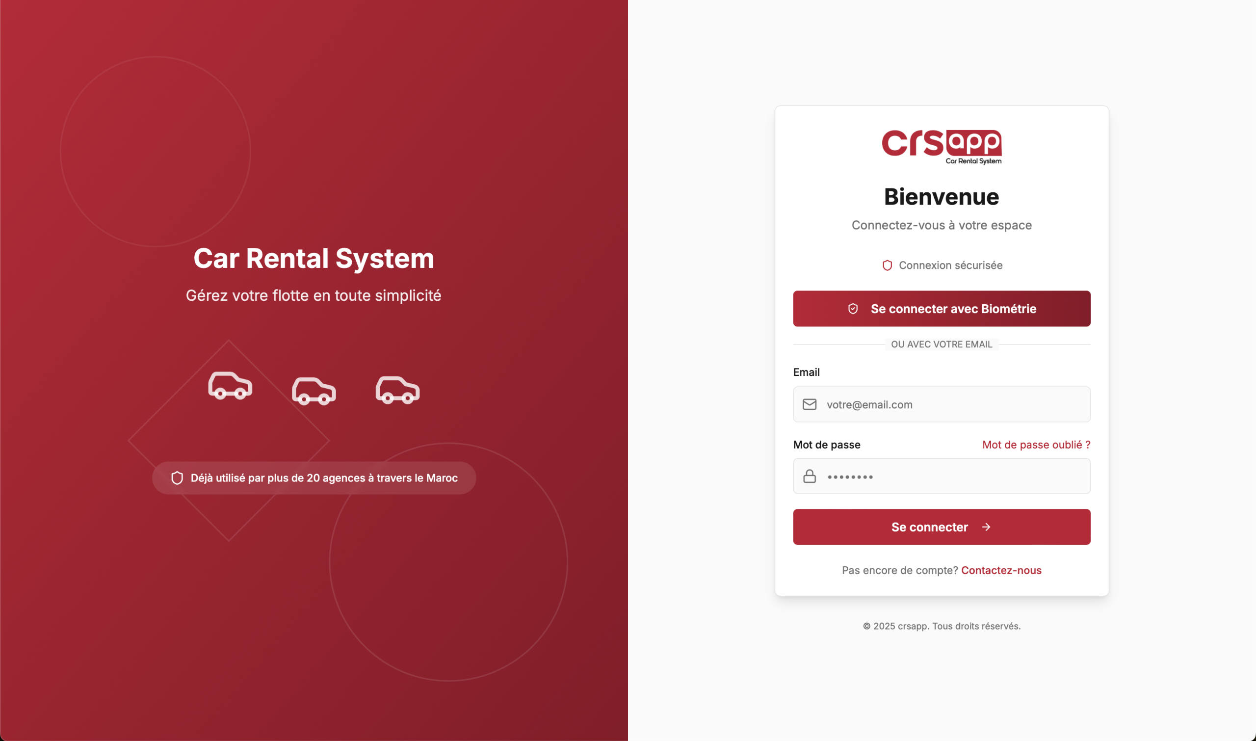 page login Tableau de bord application gestion location de voitures crsapp